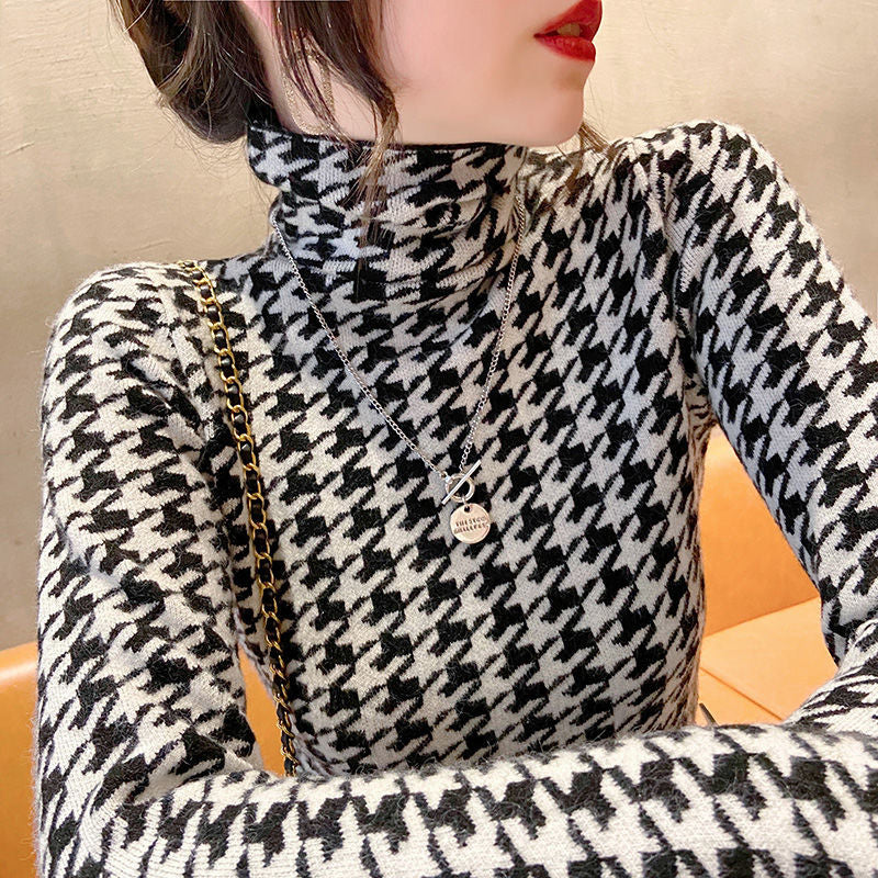 Houndstooth T-shirts Women Turtleneck Autumn Vintage Design Ladies Popular Soft Leisure Chic Top