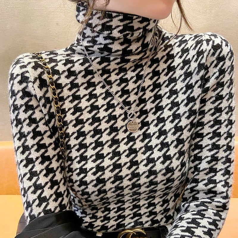 Houndstooth T-shirts Women Turtleneck Autumn Vintage Design Ladies Popular Soft Leisure Chic Top