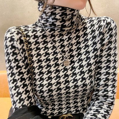 Houndstooth T-shirts Women Turtleneck Autumn Vintage Design Ladies Popular Soft Leisure Chic Top