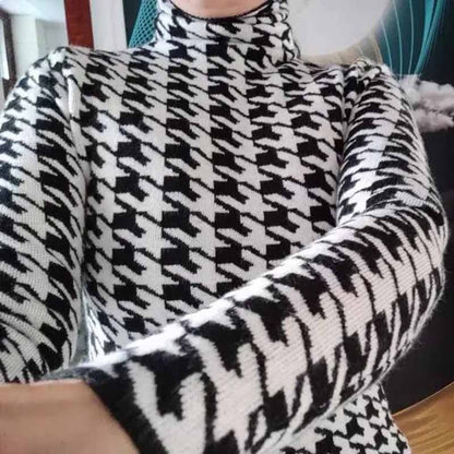 Houndstooth T-shirts Women Turtleneck Autumn Vintage Design Ladies Popular Soft Leisure Chic Top