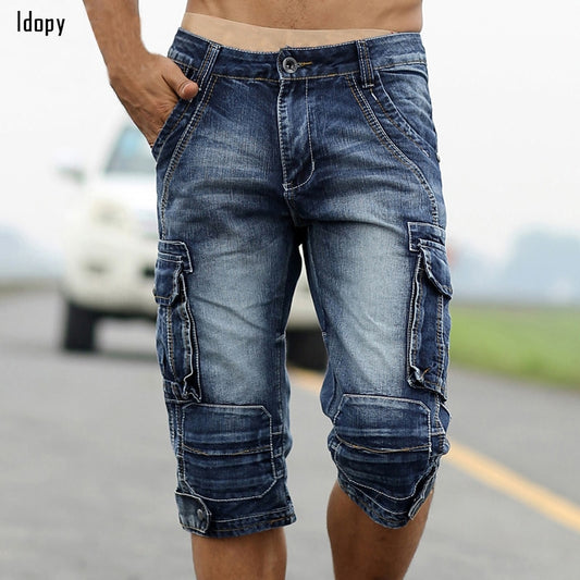 Retro Vintage Acid Washed Faded Multi Pockets Military Style Denim Shorts for Men