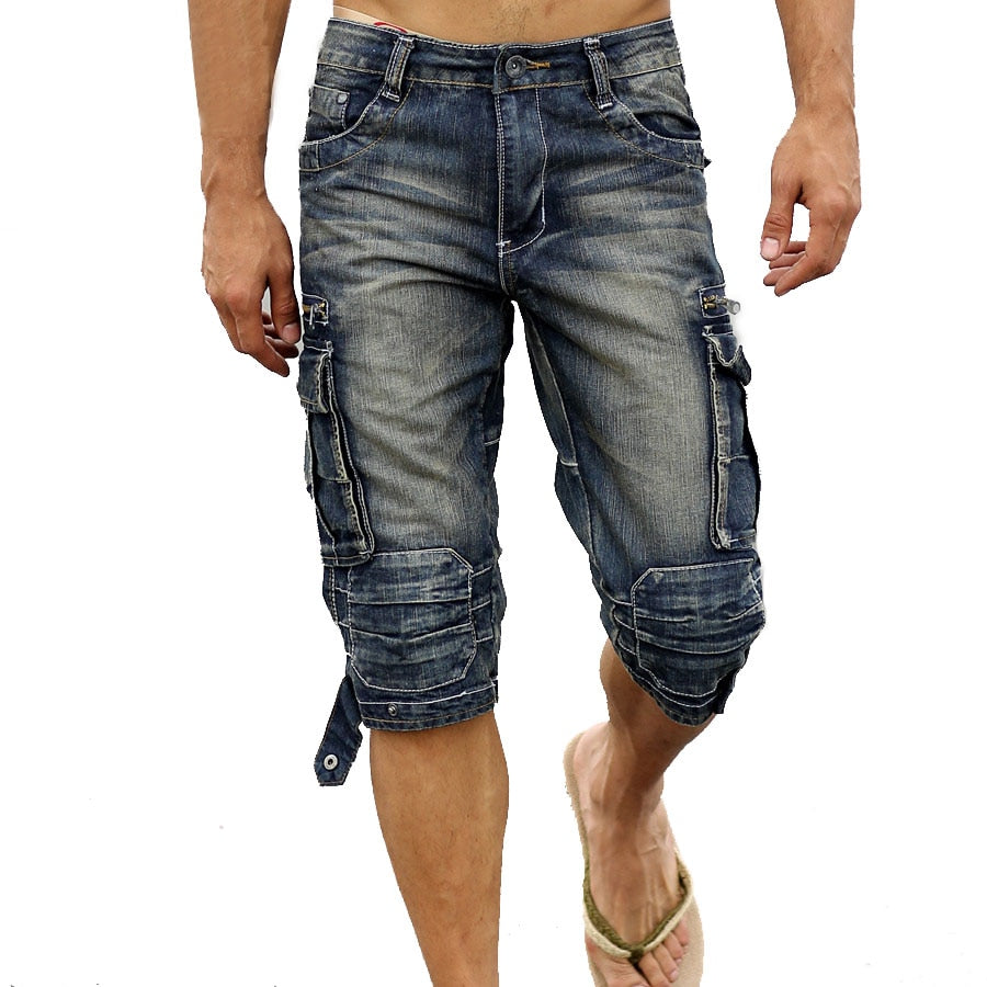 Retro Vintage Acid Washed Faded Multi Pockets Military Style Denim Shorts for Men