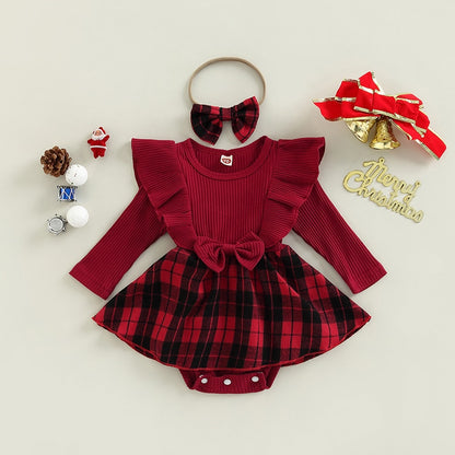 Romper Dress Plaid Round Neck Ruffles Long Sleeve Bowknot Skirt Hem Jumpsuits with Headband