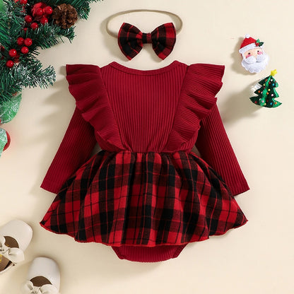 Romper Dress Plaid Round Neck Ruffles Long Sleeve Bowknot Skirt Hem Jumpsuits with Headband