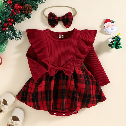 Romper Dress Plaid Round Neck Ruffles Long Sleeve Bowknot Skirt Hem Jumpsuits with Headband