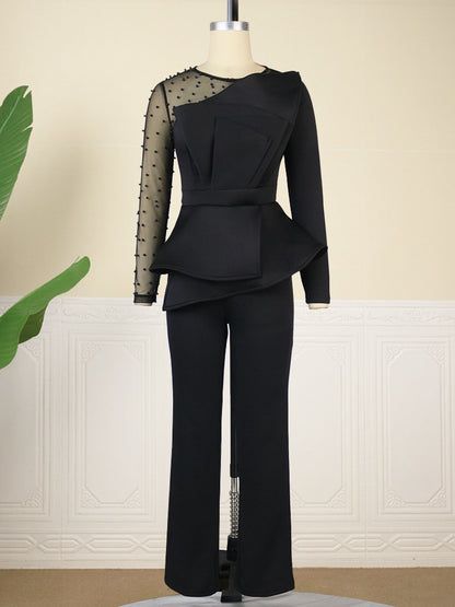 Stylish Elegant Beaded Long Sleeve High Waist Peplum Wide Leg Club Party