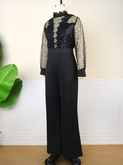 High Neck Sequin Lace See Through Long Sleeve Wide Leg Rompers