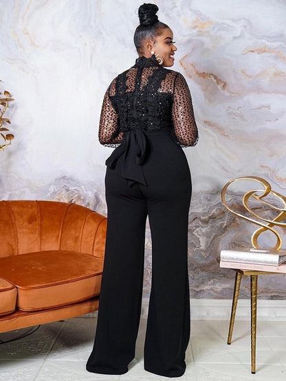 High Neck Sequin Lace See Through Long Sleeve Wide Leg Rompers