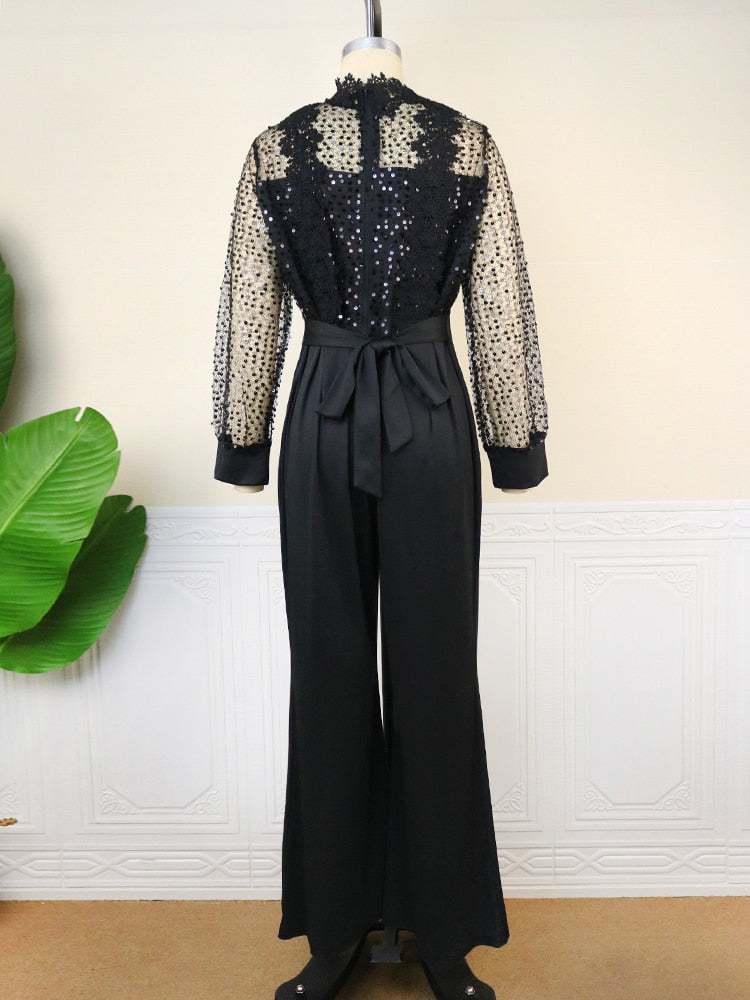 High Neck Sequin Lace See Through Long Sleeve Wide Leg Rompers