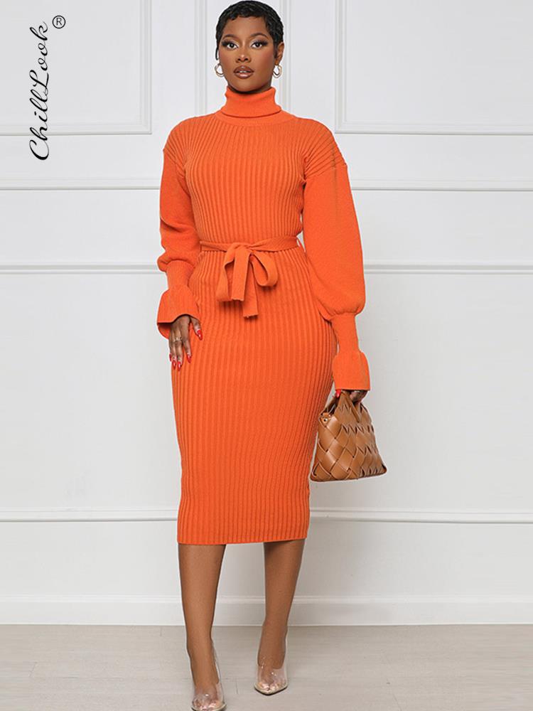 Knit Turtleneck Lantern Sleeve Midi Dress