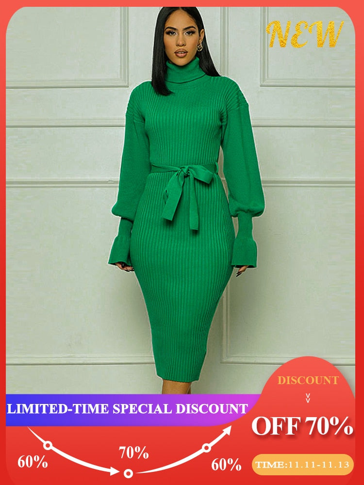 Knit Turtleneck Lantern Sleeve Midi Dress