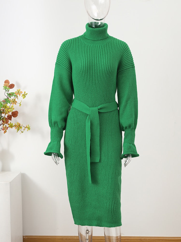 Knit Turtleneck Lantern Sleeve Midi Dress