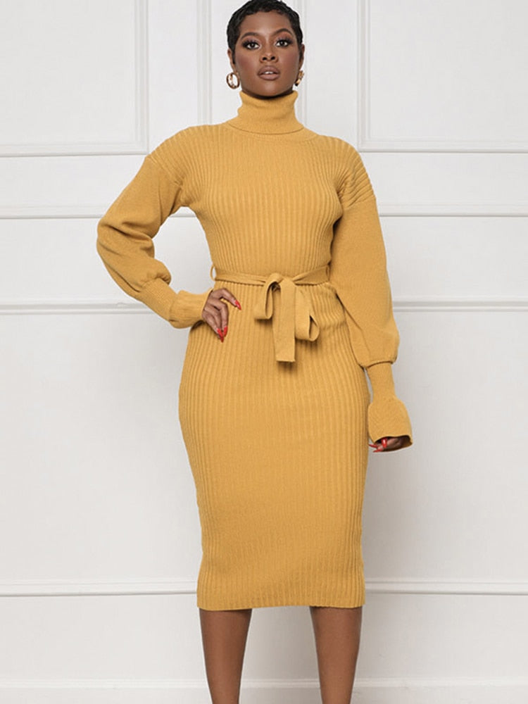 Knit Turtleneck Lantern Sleeve Midi Dress