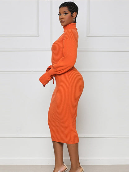 Knit Turtleneck Lantern Sleeve Midi Dress