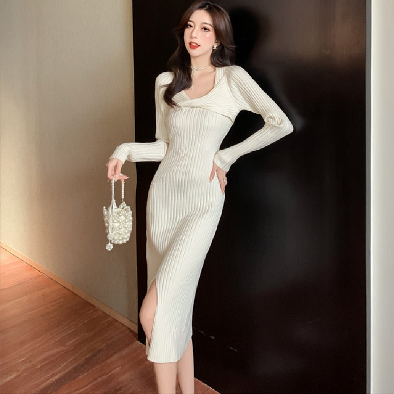 Folded Cross V Neck Bodycon Midi Dress For Women