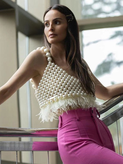 Tank Top Sleeveless Backless Feather Pearl Vest