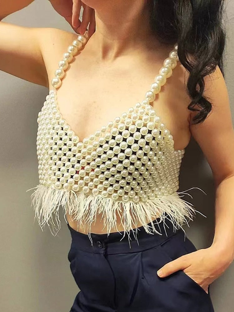 Tank Top Sleeveless Backless Feather Pearl Vest