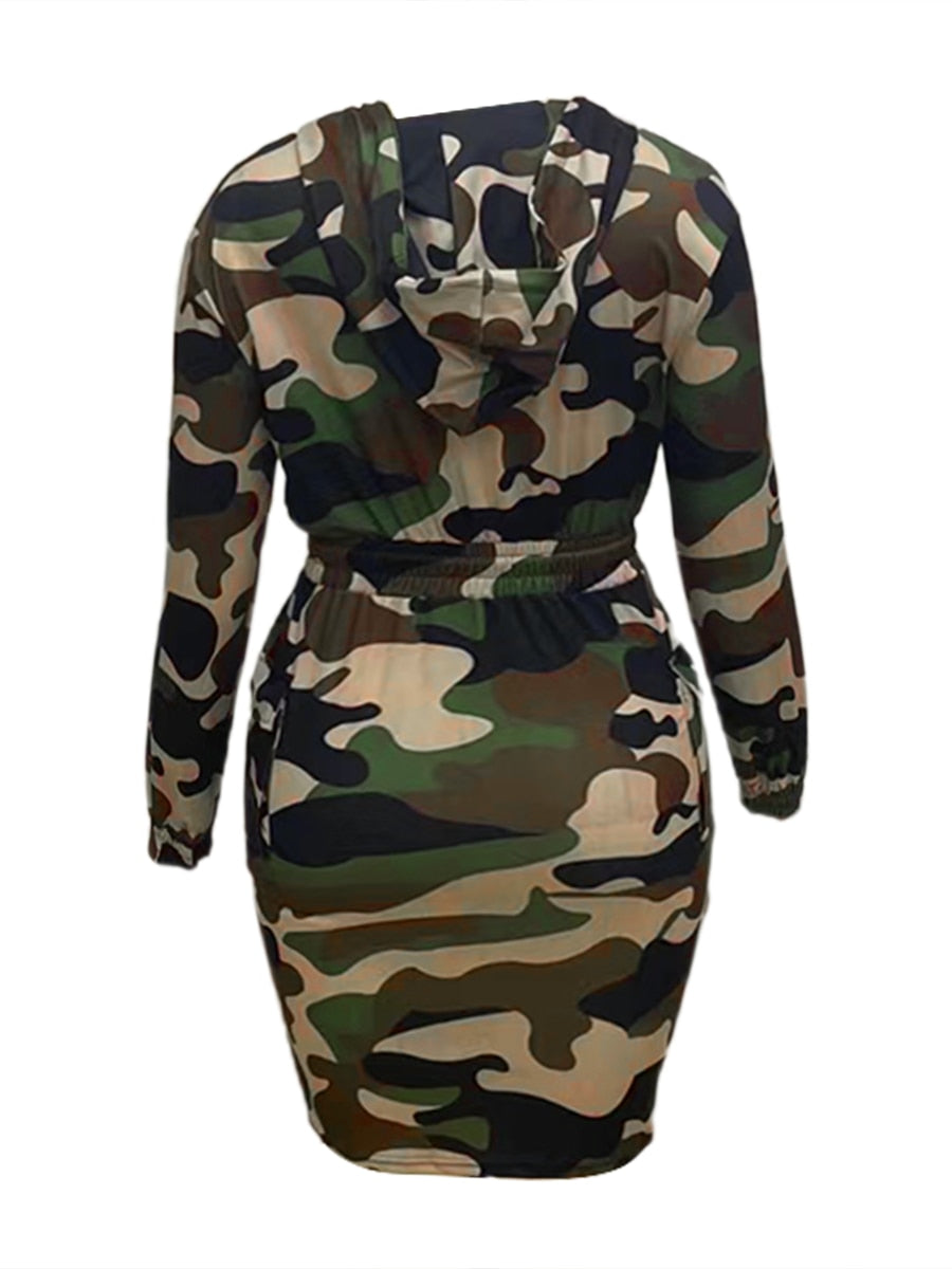 Plus Size Camo Print Side Pocket Cargo Dress V Neck Hooded Sweatshirt Long Sleeve Casual Dress