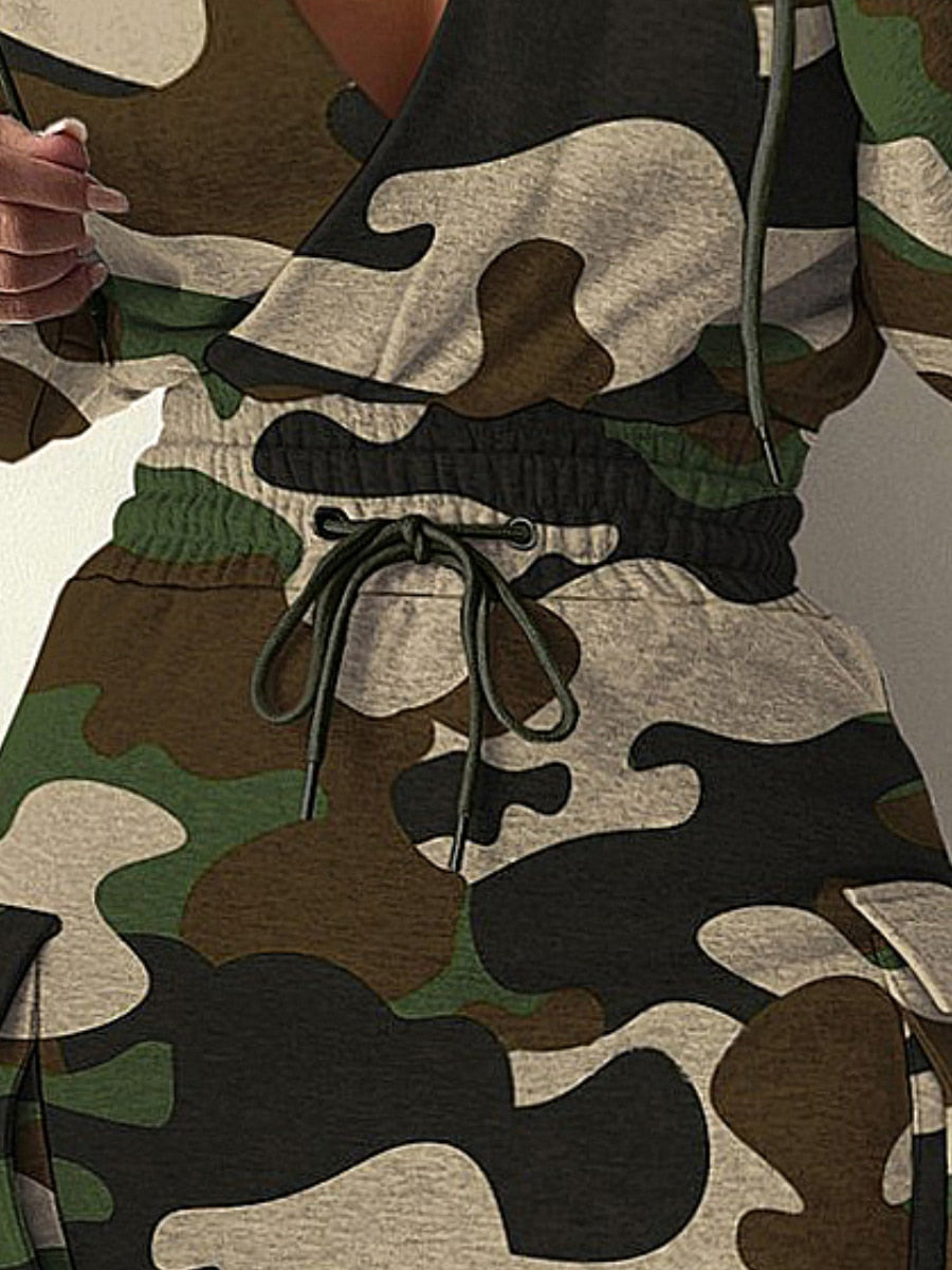 Plus Size Camo Print Side Pocket Cargo Dress V Neck Hooded Sweatshirt Long Sleeve Casual Dress