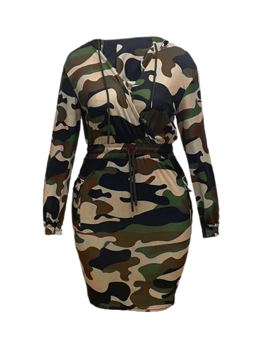 Plus Size Camo Print Side Pocket Cargo Dress V Neck Hooded Sweatshirt Long Sleeve Casual Dress