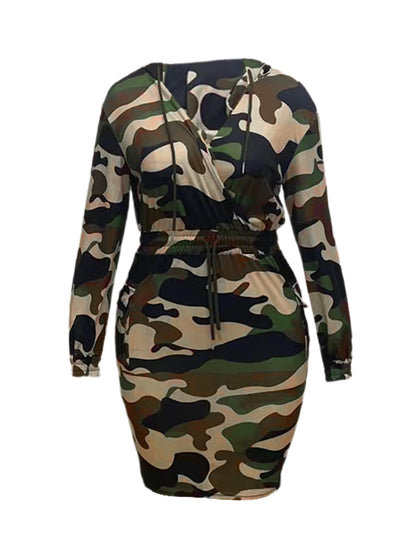 Plus Size Camo Print Side Pocket Cargo Dress V Neck Hooded Sweatshirt Long Sleeve Casual Dress