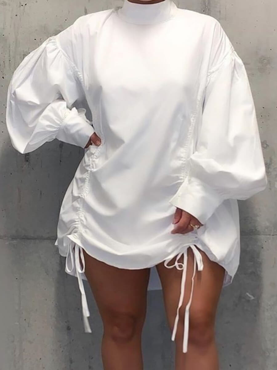 Half A Turtleneck Fold Design Shirt Dress Lantern Sleeve Loose Mock Neck Straight Drawstring Women - Plus Size Dresses