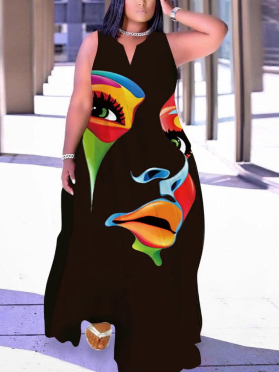 Figure Print Cami Loose V Neck Straight Tank Floor Length A Line Stretch
