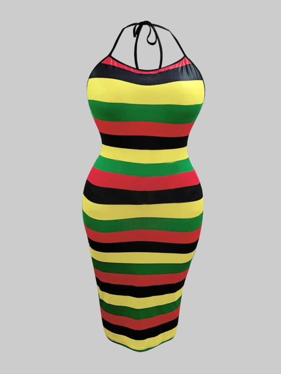 Plus Size Striped Backless Sheath Dress – Sleeveless, Square Collar with Wrapped Skirt