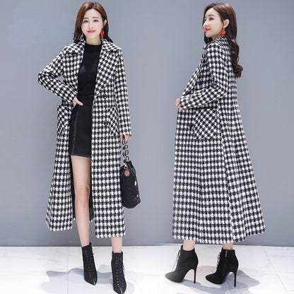 Houndstooth Plaid Coat Women's Long Winter Thick And Fashionable Plaid Coat - Wool