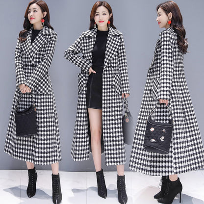Houndstooth Plaid Coat Women's Long Winter Thick And Fashionable Plaid Coat - Wool