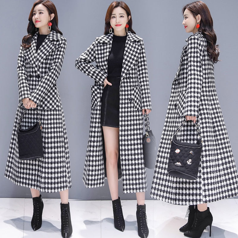 Houndstooth Plaid Coat Women's Long Winter Thick And Fashionable Plaid Coat - Wool