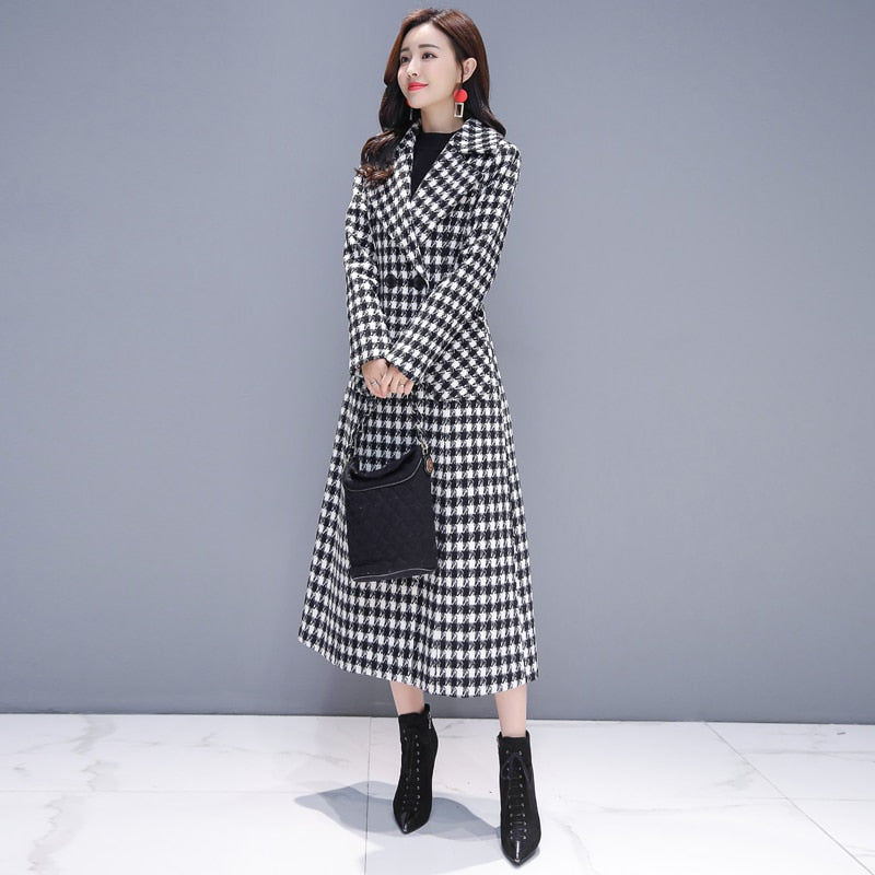 Houndstooth Plaid Coat Women's Long Winter Thick And Fashionable Plaid Coat - Wool