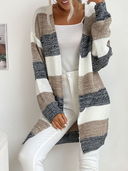 Women Knitted Cardigan Jacket Coat Striped Color - Azahshopping
