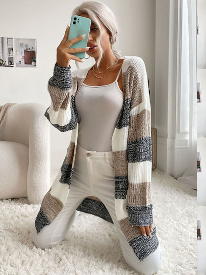 Women Knitted Cardigan Jacket Coat Striped Color - Azahshopping