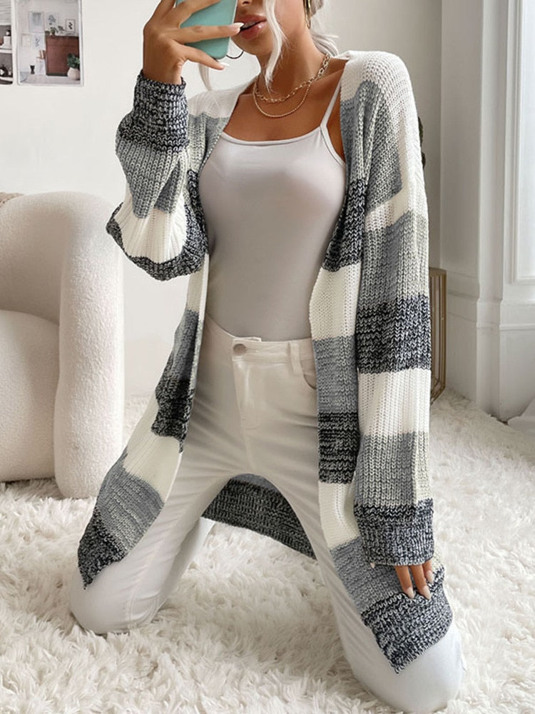 Women Knitted Cardigan Jacket Coat Striped Color - Azahshopping