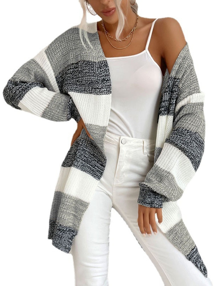 Women Knitted Cardigan Jacket Coat Striped Color - Azahshopping