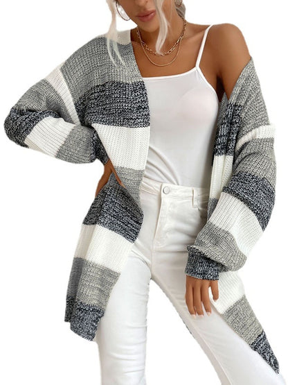 Women Knitted Cardigan Jacket Coat Striped Color - Azahshopping