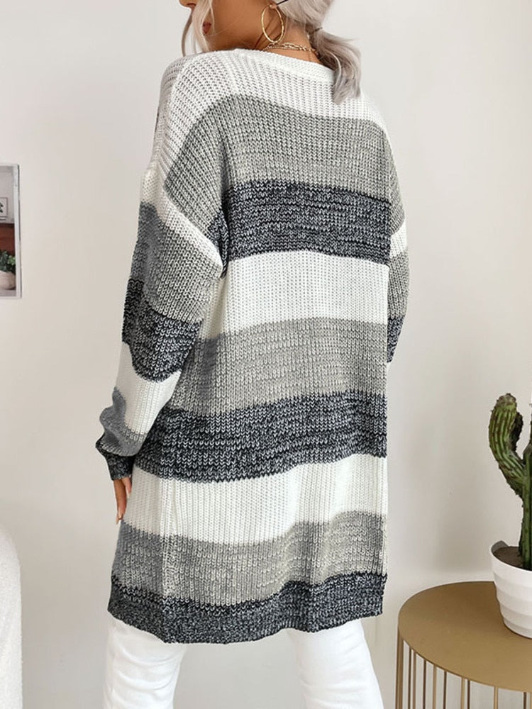 Women Knitted Cardigan Jacket Coat Striped Color - Azahshopping
