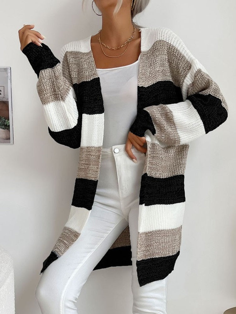 Women Knitted Cardigan Jacket Coat Striped Color - Azahshopping