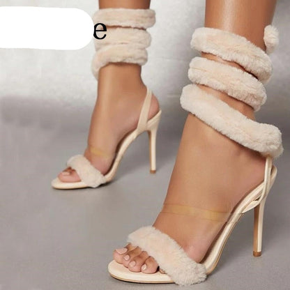 Toe Sandals Fluffy Fur High Heels Slip On