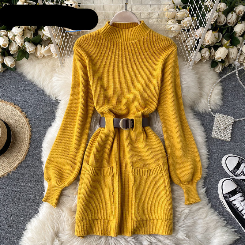 Long Sleeve Winter Knitted Dress With Belt - Azahshopping