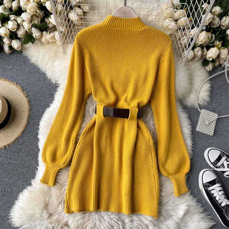 Long Sleeve Winter Knitted Dress With Belt - Azahshopping