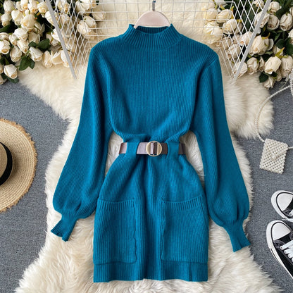 Long Sleeve Winter Knitted Dress With Belt - Azahshopping