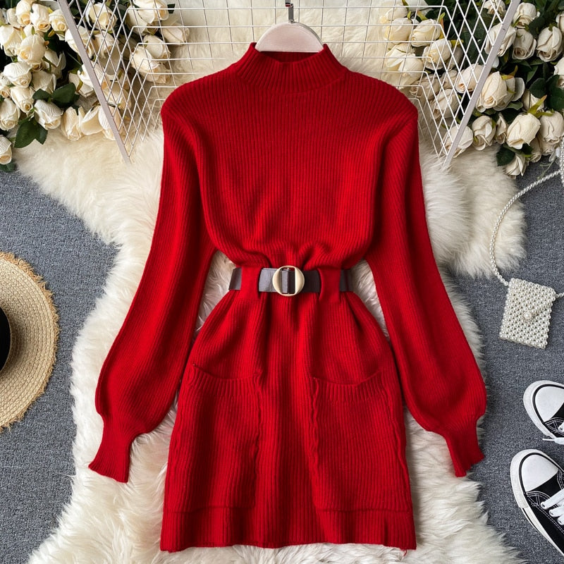 Long Sleeve Winter Knitted Dress With Belt - Azahshopping