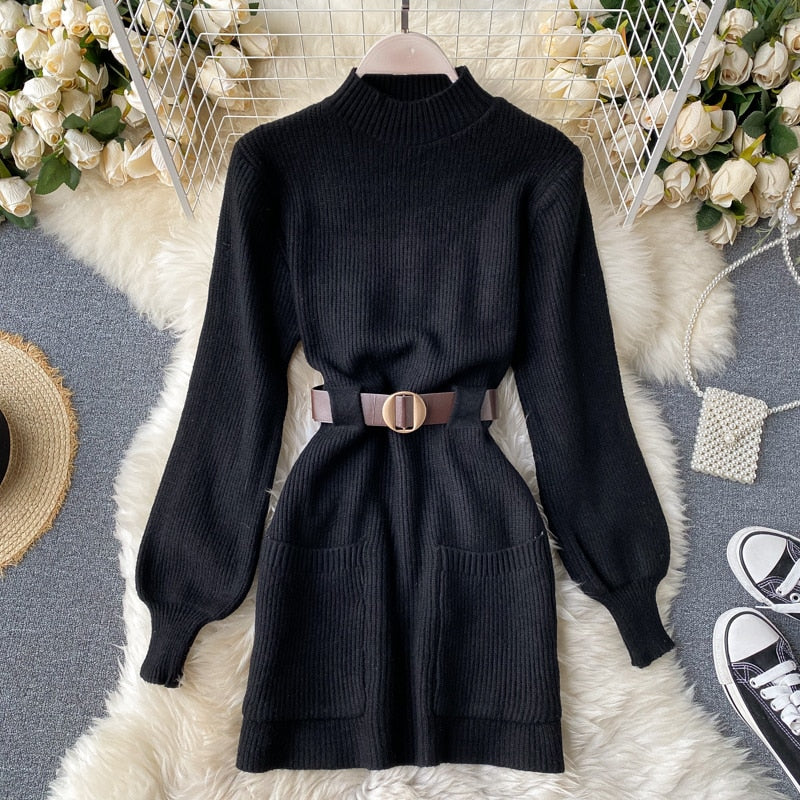 Long Sleeve Winter Knitted Dress With Belt - Azahshopping