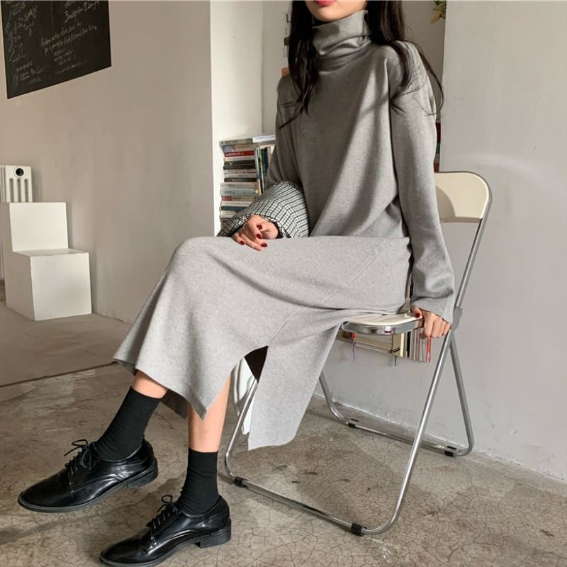 Turtleneck Medium-long Side Split Dress