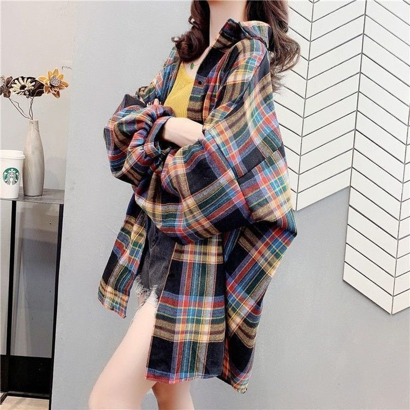 Vintage Plaid Long Sleeve Shirts for Women - Azahshopping