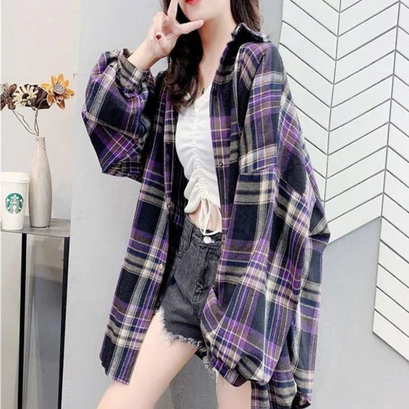 Vintage Plaid Long Sleeve Shirts for Women - Azahshopping