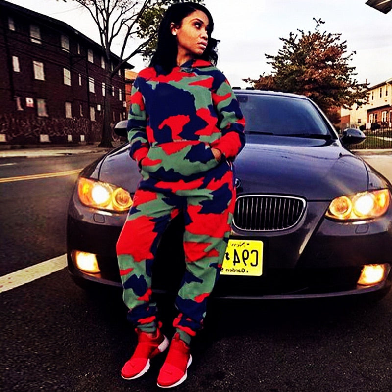 Long Sleeve Two Piece Set Hooded Print Camouflage Tracksuit - Azahshopping