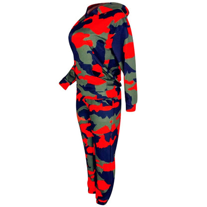 Long Sleeve Two Piece Set Hooded Print Camouflage Tracksuit - Azahshopping